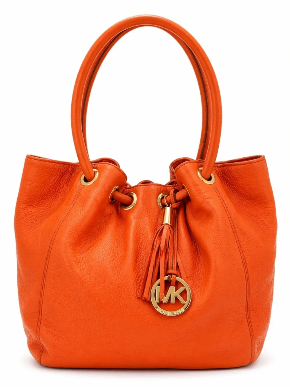 Michael Kors Orange Pebbled Leather Drawstring Tote tassel shoulder bag